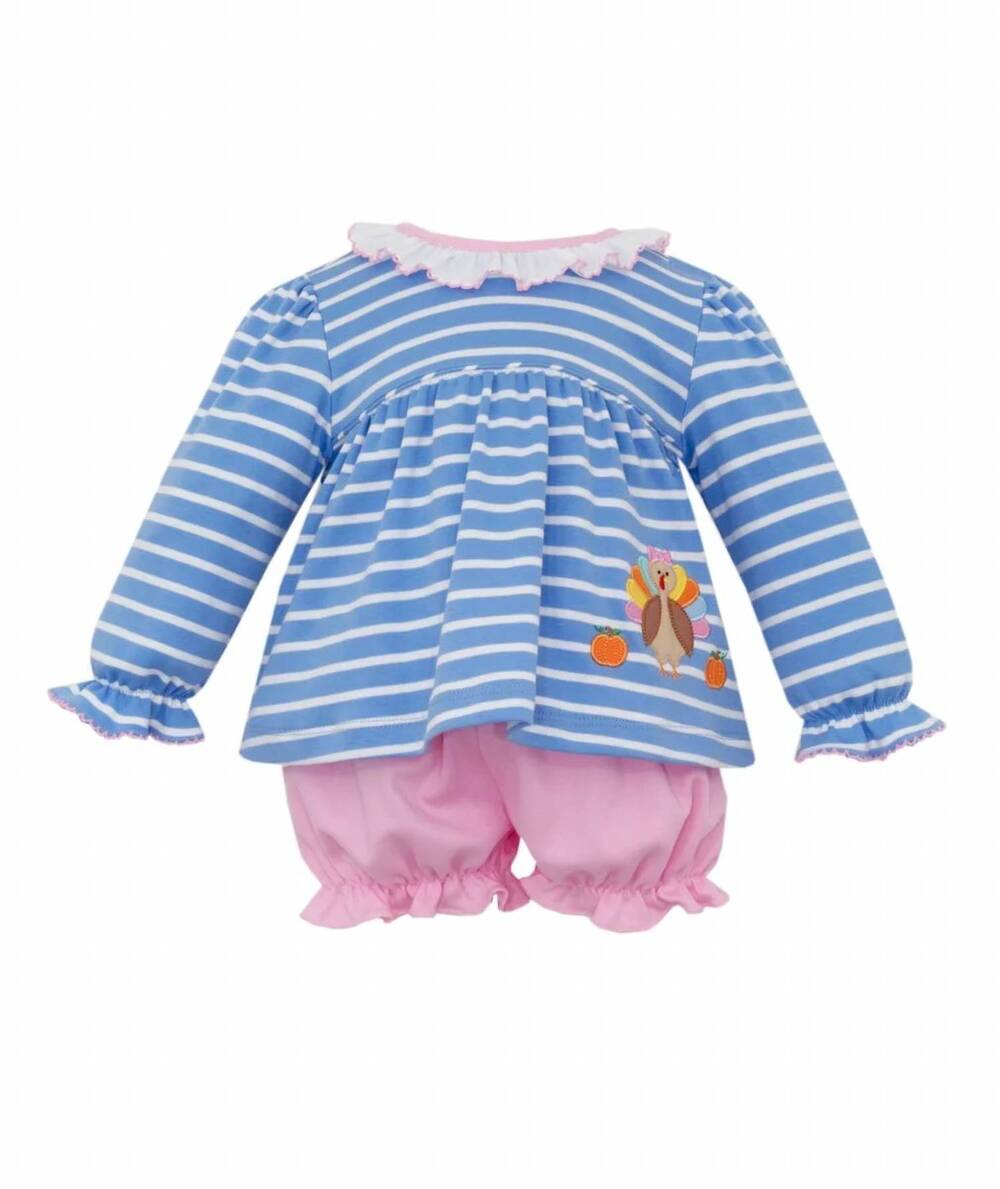 NEW CLAIRE & CHARLIE girls turkey applique bloomer set in blue